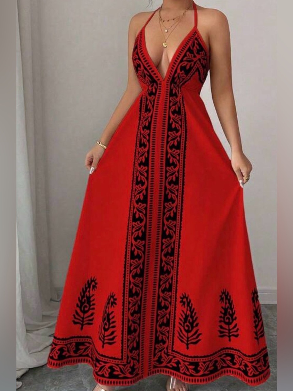 Selianne Red & Black Floral Print Deep V-Neck Dress Women Summer Boho Vacation